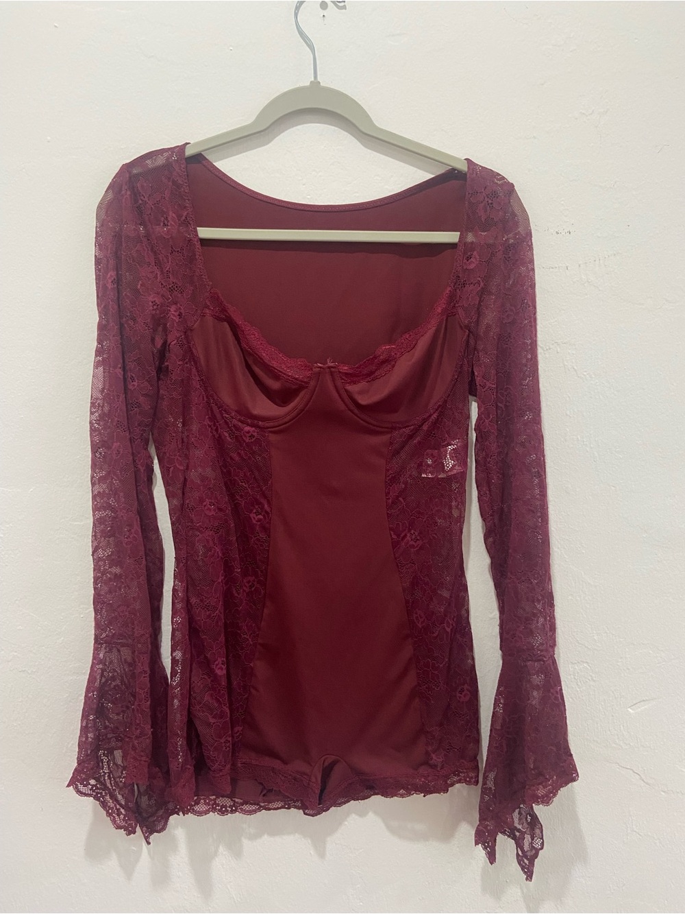 SHEIN Burgundy Lace Long-Sleeve Bodysuit Romper